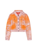 Gekürzte Jeansjacke in schillerndem Orange und Pink, mit silbernen Knöpfen, zwei Fronttaschen und einem Umlegekragen. Enthält ein Markenetikett.