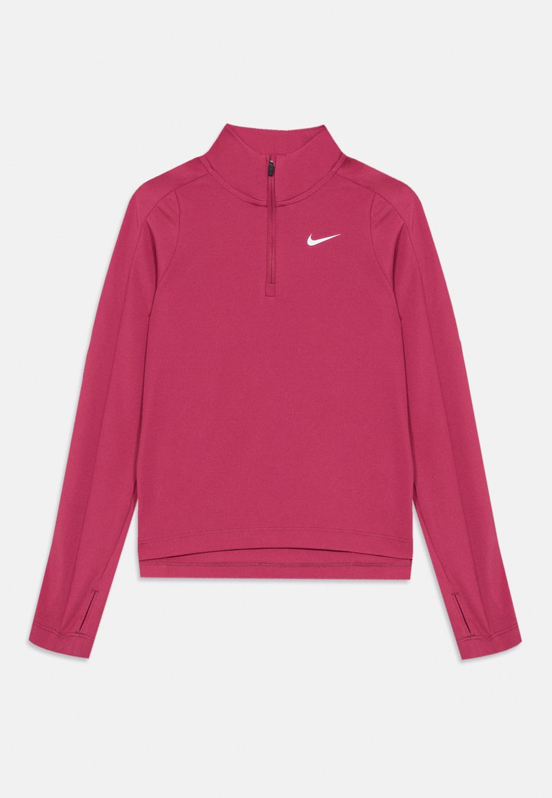 Rosa Nike-Pullover mit hohem Kragen, halbem Reißverschluss, langen Ärmeln und Daumenlöchern. Hergestellt aus glattem, elastischem Material. Weißes Logo auf der Brust.