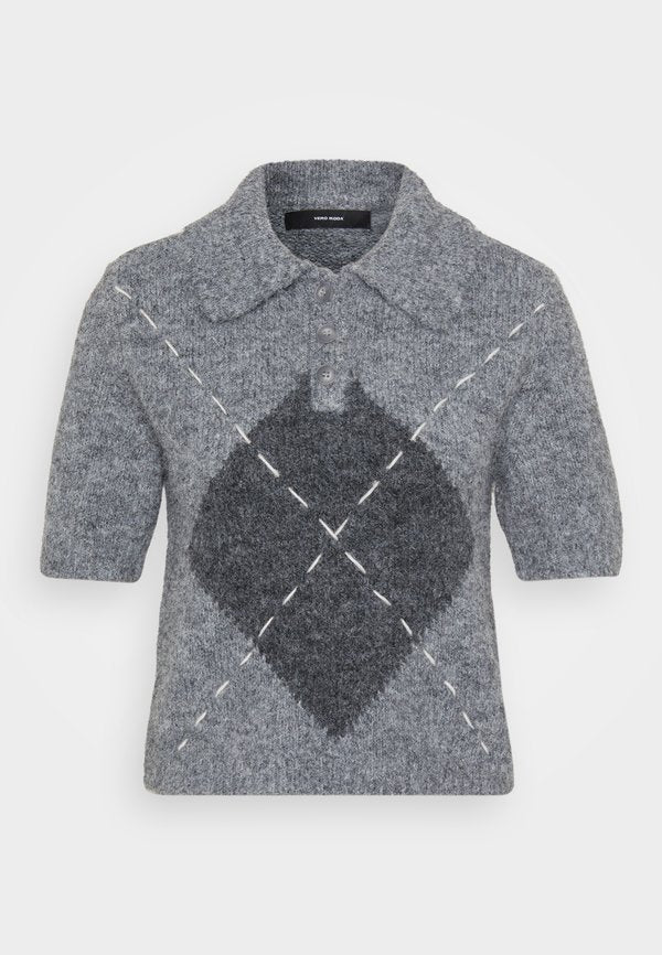 Vero Moda Petite VMBLISS POLONECK - Print T-shirt - medium grey/birch