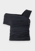Schwarzes Off-Shoulder-Top aus weichem, elastischem Stoff, mit Rüschendetails und einem breiten Trägerdesign auf einer Seite.