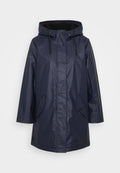 Marineblau wasserdichte Jacke mit Kapuze, ausgestattet mit Druckknöpfen, Kordelzug und Seitentaschen. Glatte Textur, mittellanges Design.