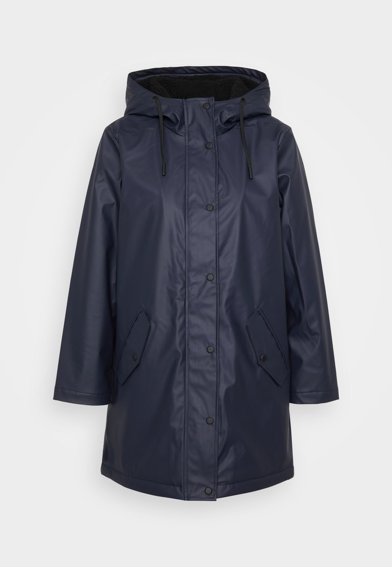 Marineblau wasserdichte Jacke mit Kapuze, ausgestattet mit Druckknöpfen, Kordelzug und Seitentaschen. Glatte Textur, mittellanges Design.