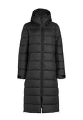 Schwarze Daunenjacke mit Kapuze, gestepptem Design, Frontreißverschluss und seitlichen Taschen. Lange Länge bis zur Wade.