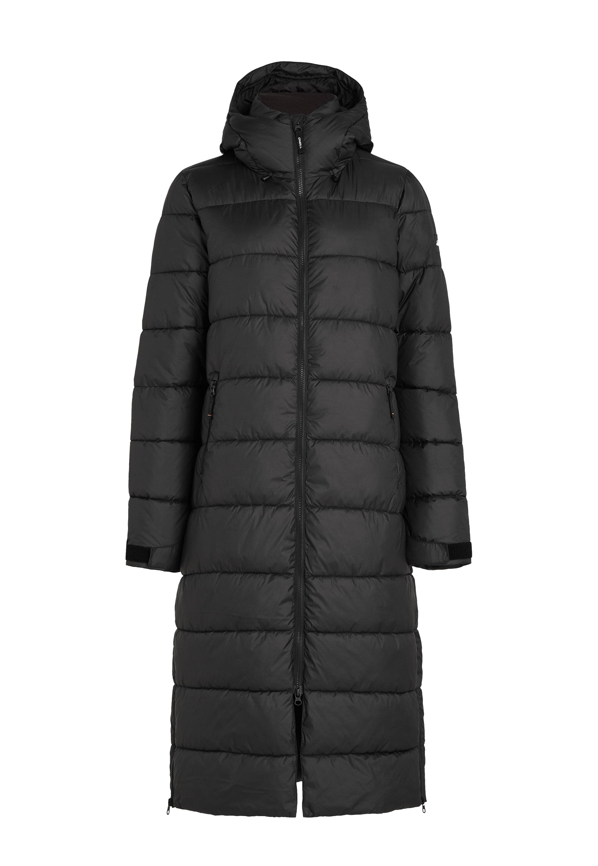 Schwarze Daunenjacke mit Kapuze, gestepptem Design, Frontreißverschluss und seitlichen Taschen. Lange Länge bis zur Wade.