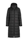 Schwarze Daunenjacke mit Kapuze, gestepptem Design, Frontreißverschluss und seitlichen Taschen. Lange Länge bis zur Wade.
