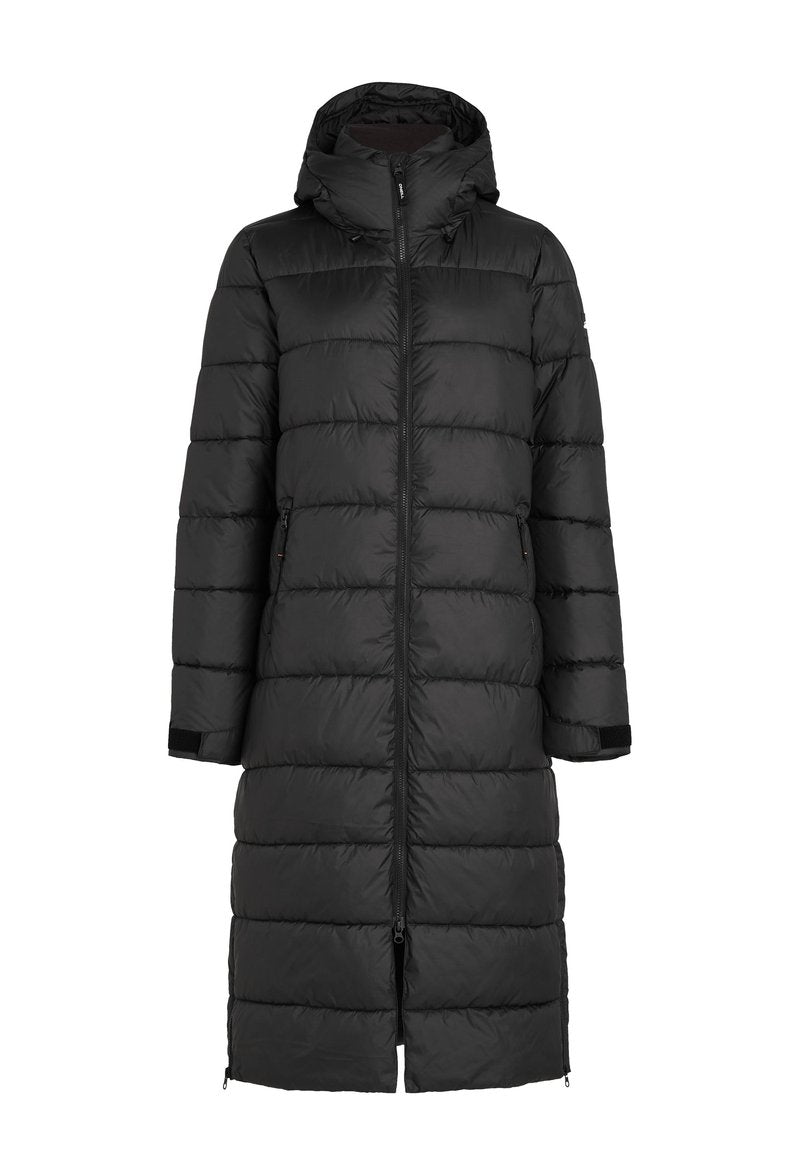 Schwarze Daunenjacke mit Kapuze, gestepptem Design, Frontreißverschluss und seitlichen Taschen. Lange Länge bis zur Wade.