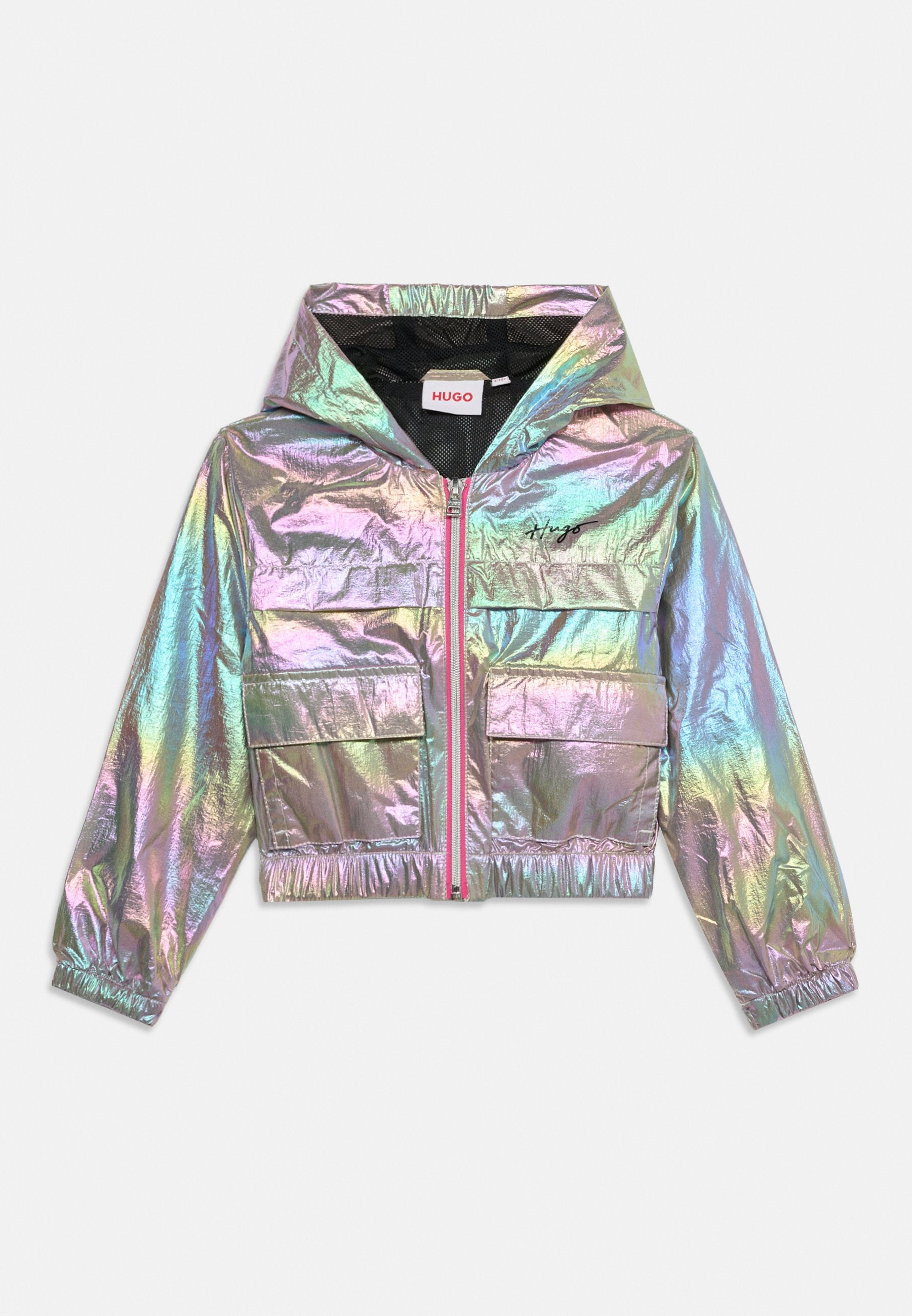 Glänzende holografische kurze Jacke mit Kapuze, Frontreißverschluss, elastischen Bündchen und Saum, zwei vorderen Klappentaschen und „Hugo“-Logo auf der Brust.