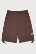 Braune Cargo-Shorts aus leichtem Stoff mit elastischem Bund, Seitentaschen und einer Paspeltasche an jedem Bein.