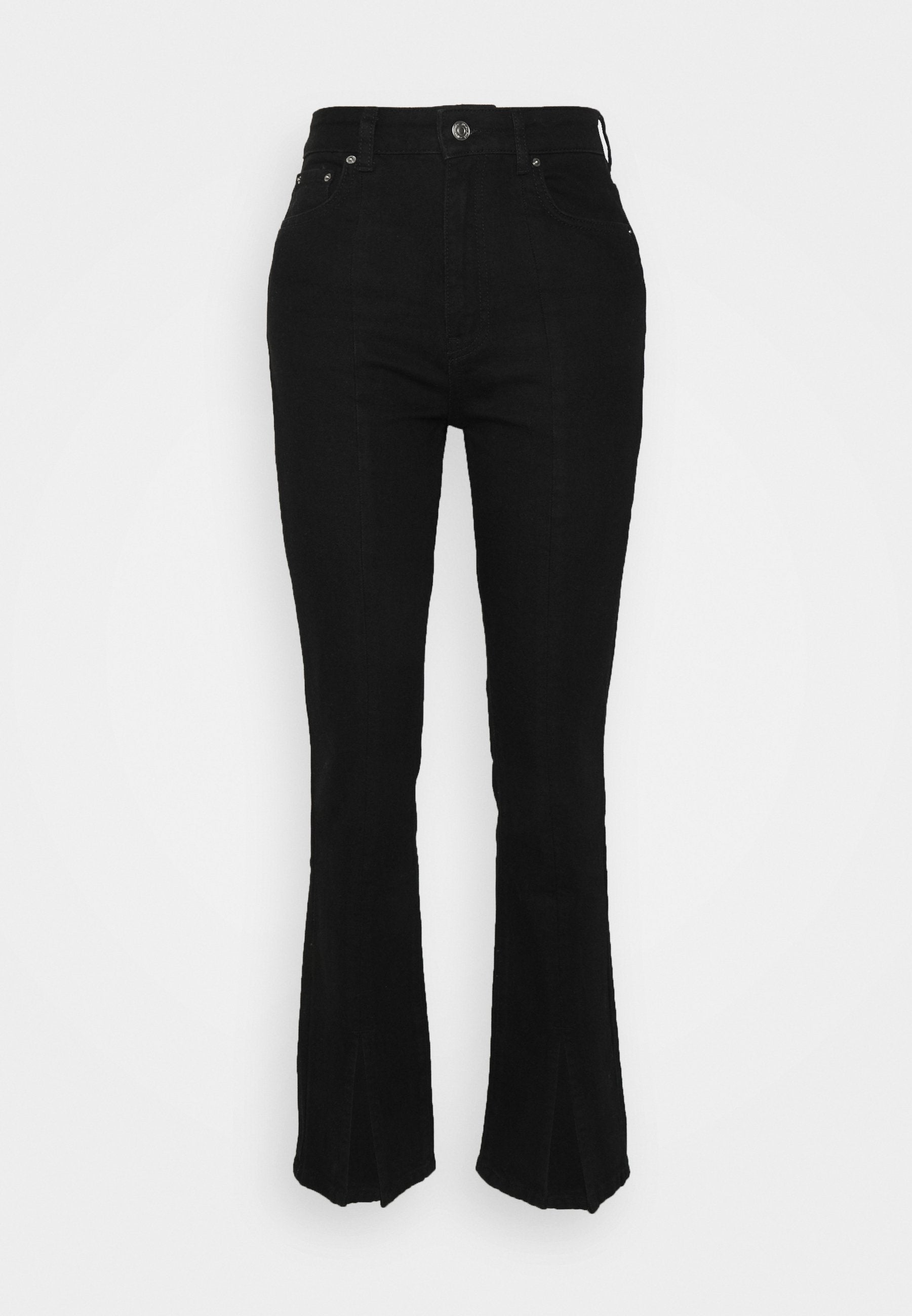 Schwarze Schlagjeans mit hoher Taille, aus Denim gefertigt. Mit Vordertaschen, Knopfverschluss und seitlichen Schlitzen am Saum.