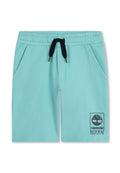 Himmelblaue Shorts mit einem Kordelzugbund, Seitentaschen und einem schwarzen Logo-Patch mit einem Baumdesign auf der unteren rechten Seite.