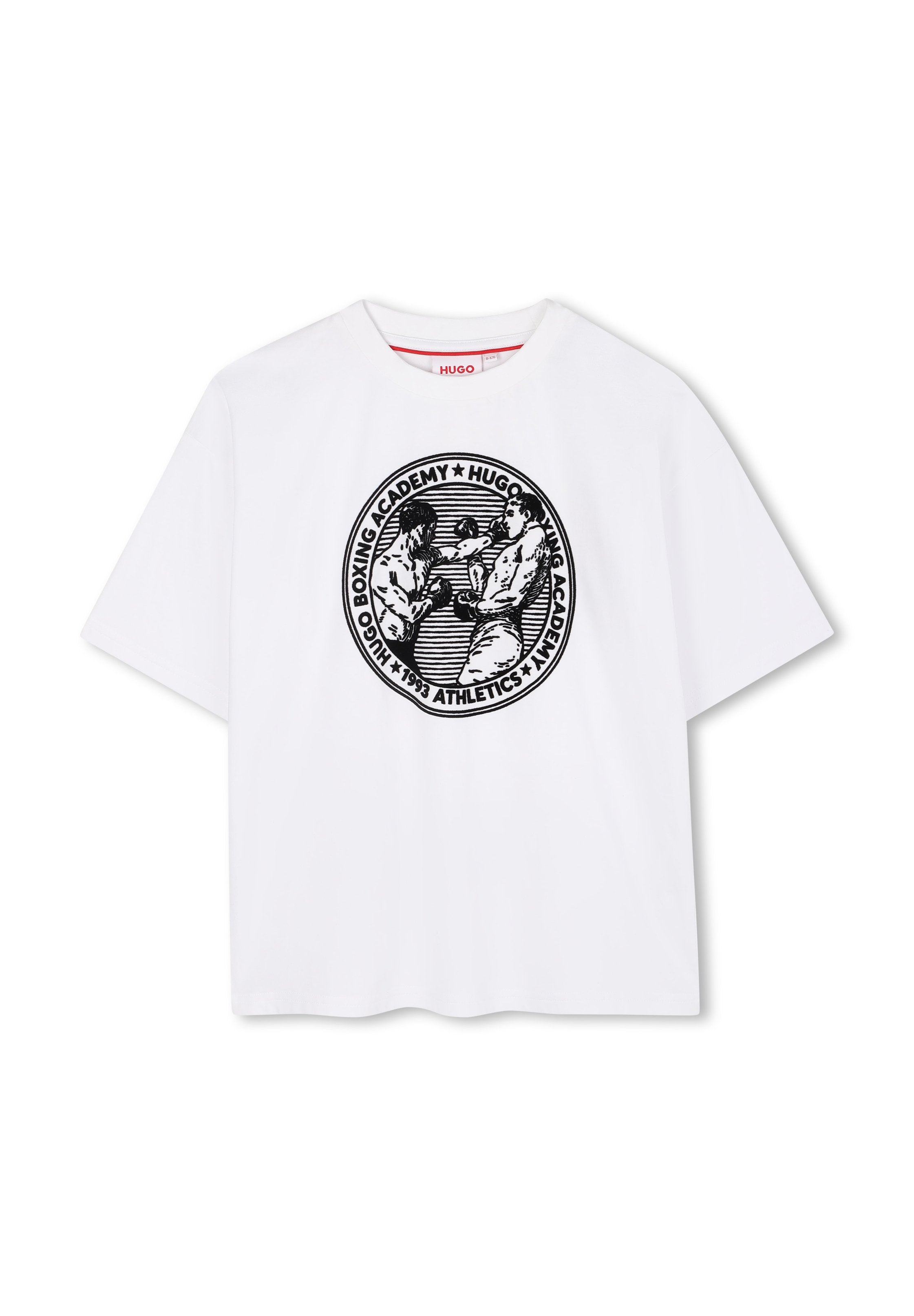 Weißes Baumwoll-T-Shirt mit einem runden Grafikdruck von zwei Boxern in Schwarz, mit dem Text "HUGO BOXING ACADEMY", der in das Design integriert ist.