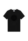Schwarzes Baumwoll-T-Shirt mit Rundhalsausschnitt, mit einem kreisförmigen Grafikdesign in mattschwarzem Text: "LES DEUX COPENHAGEN" und "INSPIRED BY COMMUNITY."