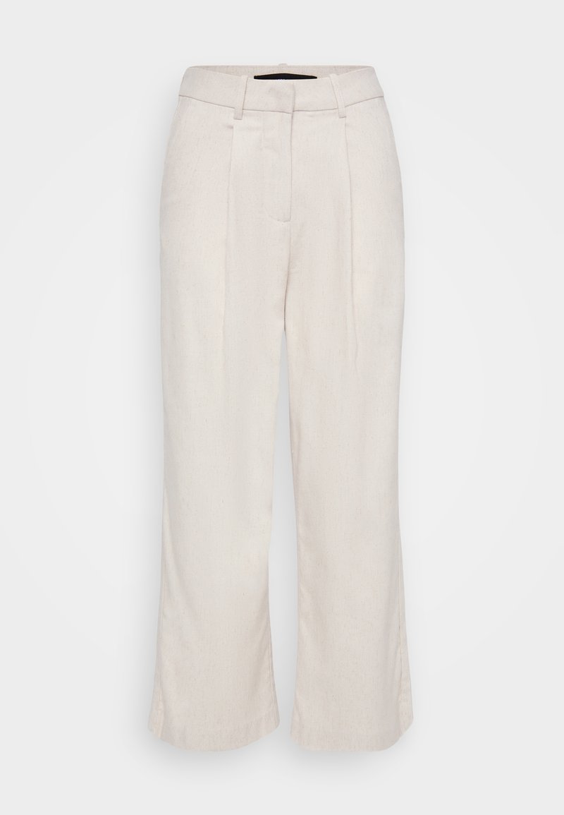 Beige Leinenhose mit hoher Taille, gefaltetem Frontbereich und weitem Bein. Sie verfügt über ein klar geschnittenes Design und einen strukturierten Stoff für Atmungsaktivität.