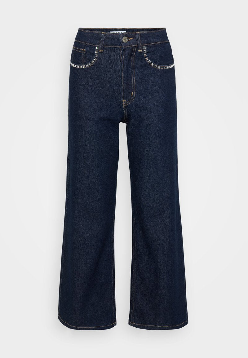 Dunkelblaue Schlagjeans aus Denim, mit hoher Taille, zwei vorderen Taschen mit dekorativer Naht und einem einzelnen Knopfverschluss.