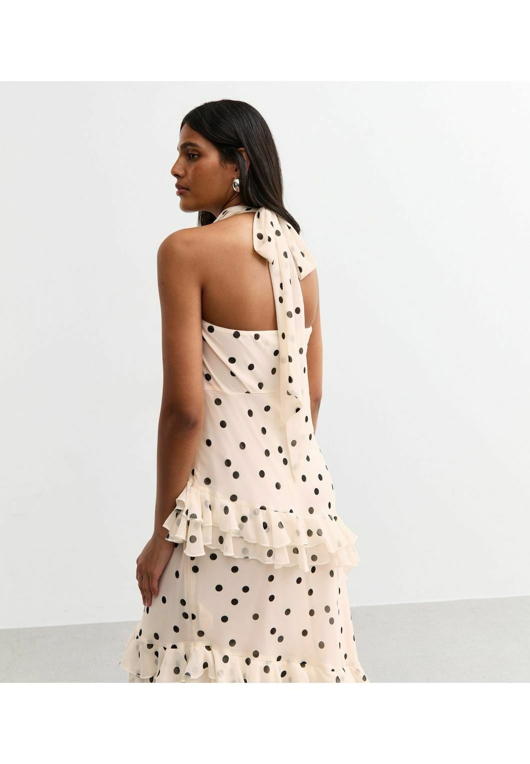 New Look OFF WHITE POLKA DOT COWL NECK CHIFFON MIDI DRESS