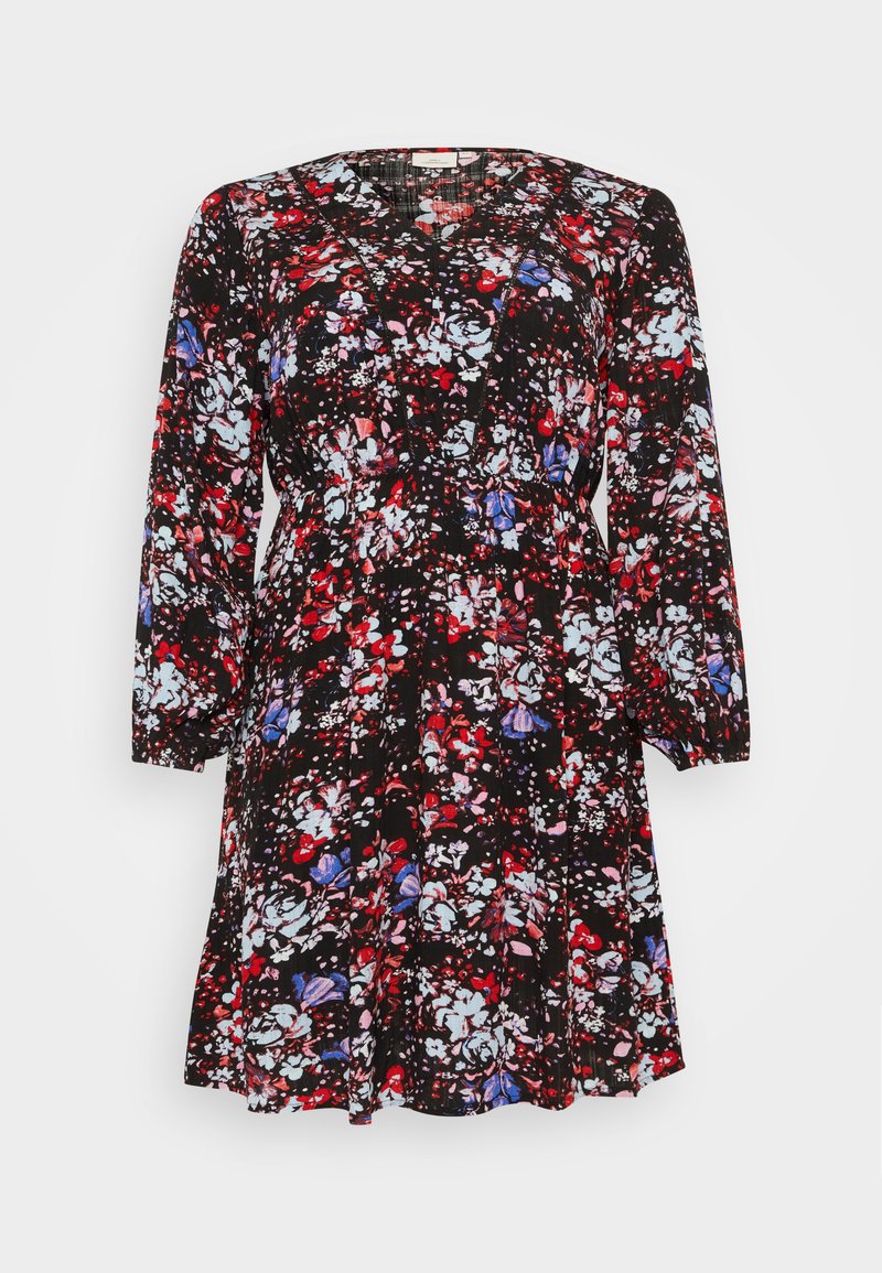 Schwarzes Blumenkleid mit langen Ärmeln, das mit roten, pinken und blauen Blumenmustern verziert ist, V-Ausschnitt und geraffter Taille für eine schmeichelhafte Form.