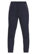Marineblaue Jogginghosen aus weichem Material, mit seitlichen Taschen und pink-weißem Piping sowie einem Kordelzug für eine anpassbare Passform.
