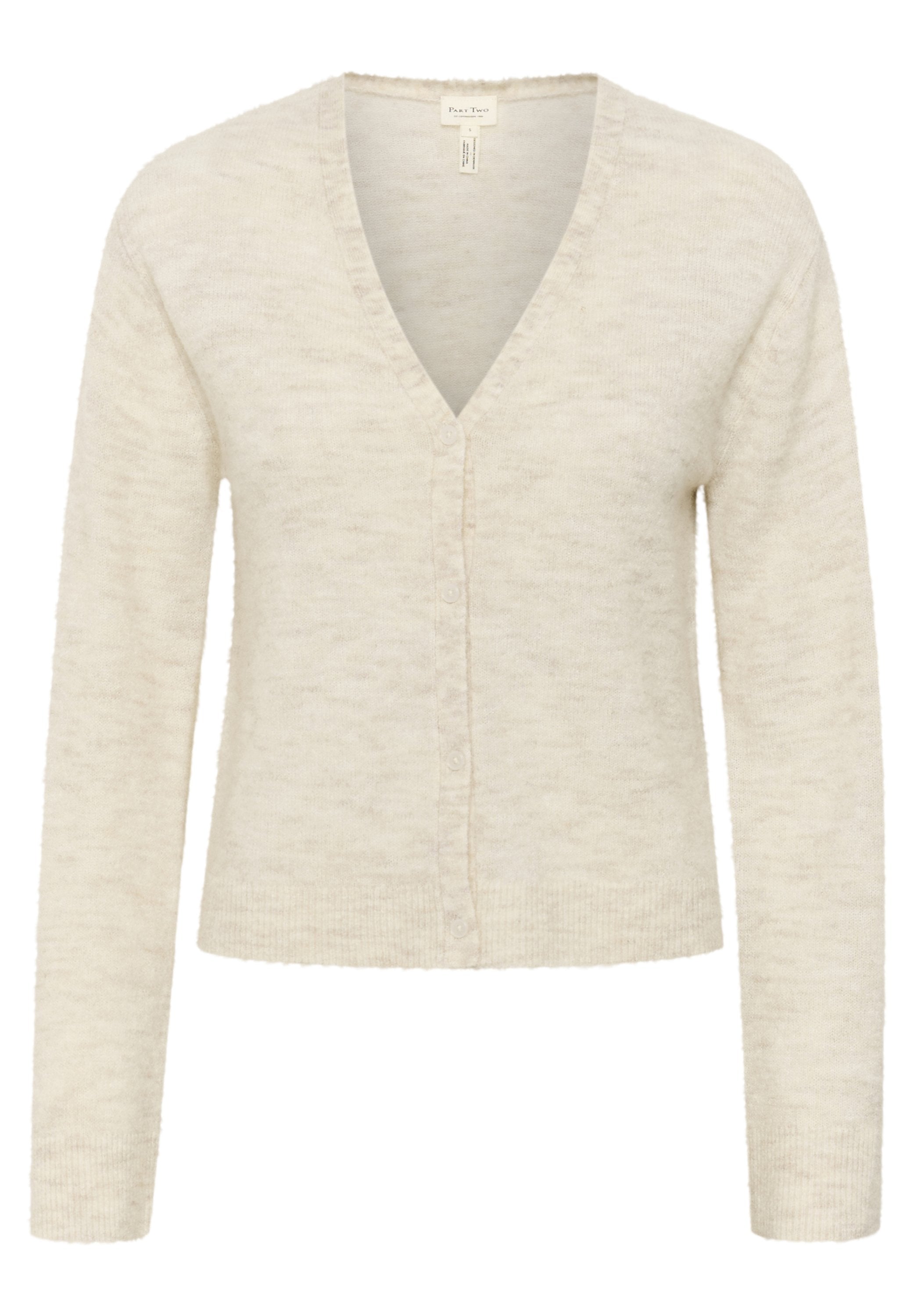 Helle beigefarbene Strickjacke mit V-Ausschnitt, langen Ärmeln und Knopfverschluss vorne. Weicher Stoff mit einem dezenten Muster. Entworfen für eine entspannte Passform.