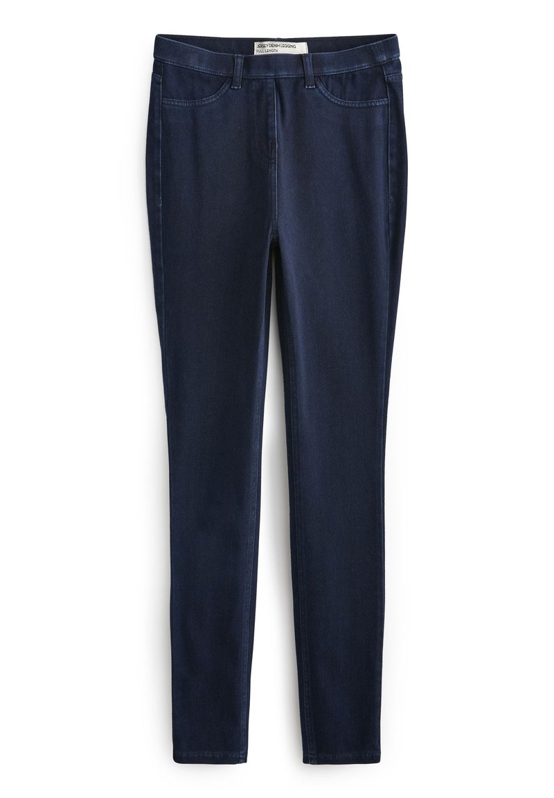 Dunkelblaue, volle Länge Denim-Leggings mit Taschen vorne und Gürtelschlaufen, aus Jersey-Denim-Stoff gefertigt.