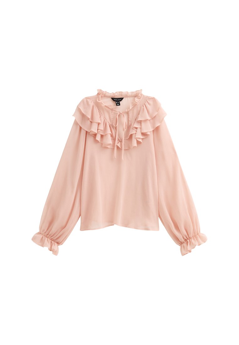 Bluse in hellrosa, mit einem gerafften Kragen, langen puffärmeln mit elastischen Bündchen und einem Bindedetail am Halsauschnitt. Glatte Stoffoberfläche.