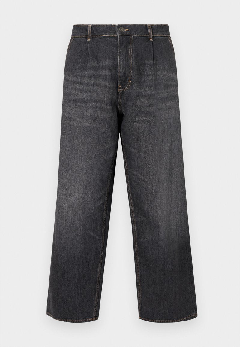 Dunkelblaue Jeans aus Denim mit weitem Bein und hoher Taille, versehen mit Kontrastnähten, einem Knopfverschluss und zwei Fronttaschen. Glatte Textur, gerade geschnittener Stil.
