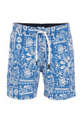 Blaue Badekurzur mit einem weißen Blumen- und geometrischen Muster, elastischem Bund mit Kordelzug und glatter Stoffstruktur.
