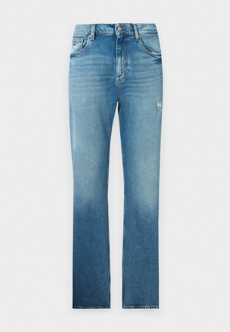 Hellblaue gerade Jeans mit verblasstem Design, leicht beschädigtem Stoff und klassischer Fünf-Taschen-Stil. Gürtelschlaufen an der Taille.