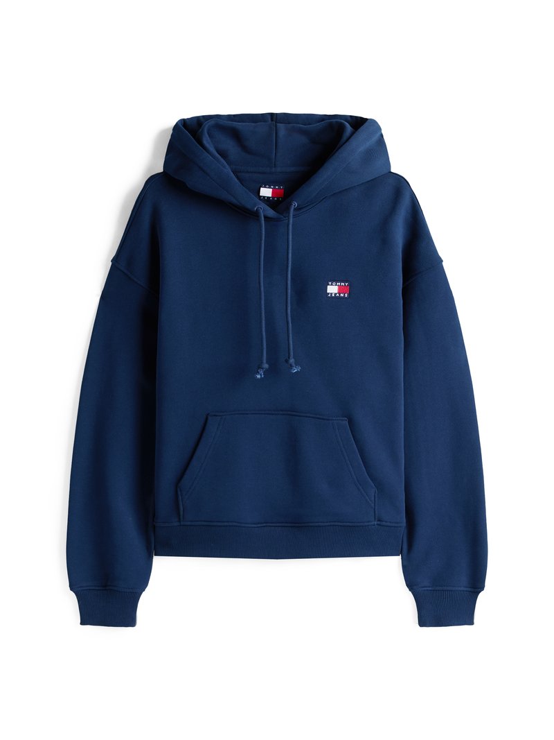 Marineblaue Kapuzenjacke mit Fronttasche, Kordelzug an der Kapuze, gerippten Bündchen und kleinem Tommy Jeans Logo auf der linken Brust.