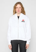 Weißer Kapuzenpullover mit Reißverschluss und großem roten und schwarzen Diesel-Logo. Mit Kordelzugkapuze, Fronttaschen und gerippten Bündchen. Weiche Stoffstruktur.