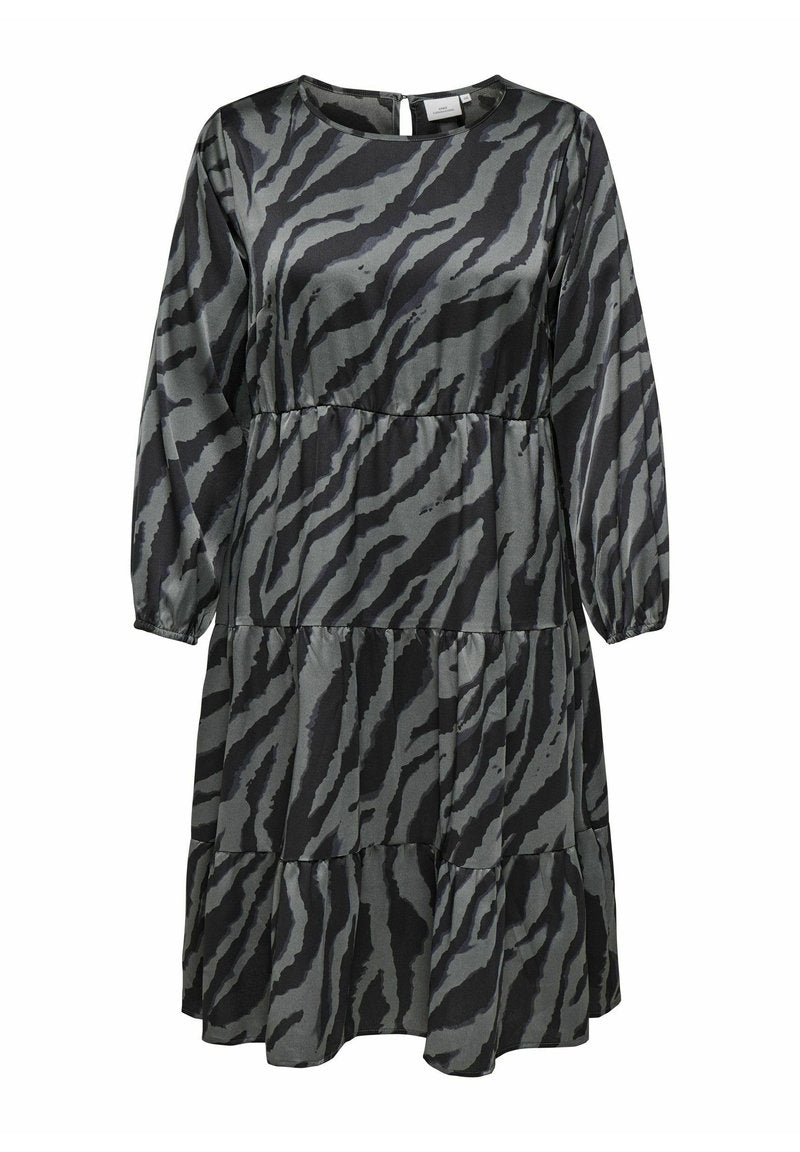 Dunkelgraues Kleid mit Tigerstreifenmuster, gestuftem Design, langen Ärmeln, weicher Satin-Oberfläche und einem Schlüsselaugenverschluss im Rücken.
