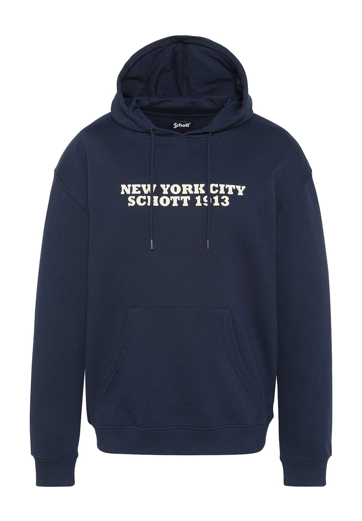 Navyblauer Hoodie mit einer frontalen Tasche, mit weißem Text: "NEW YORK CITY SCHOTT 1913." Enthält eine Kapuze mit Kordelzug und gerippte Bündchen.