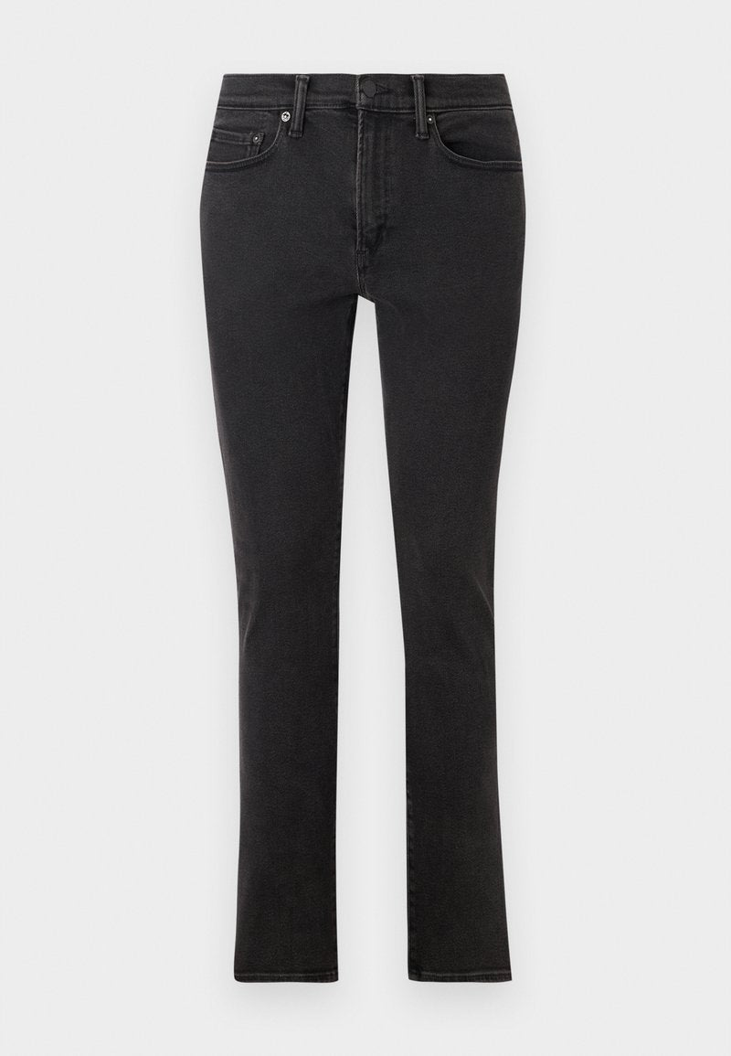 Schwarze Jeans aus Denim im Slim-Fit-Schnitt. Verfügt über fünf Taschen, Gürtelschlaufen und einen Frontreißverschluss mit Knopfverschluss. Glatte Textur.