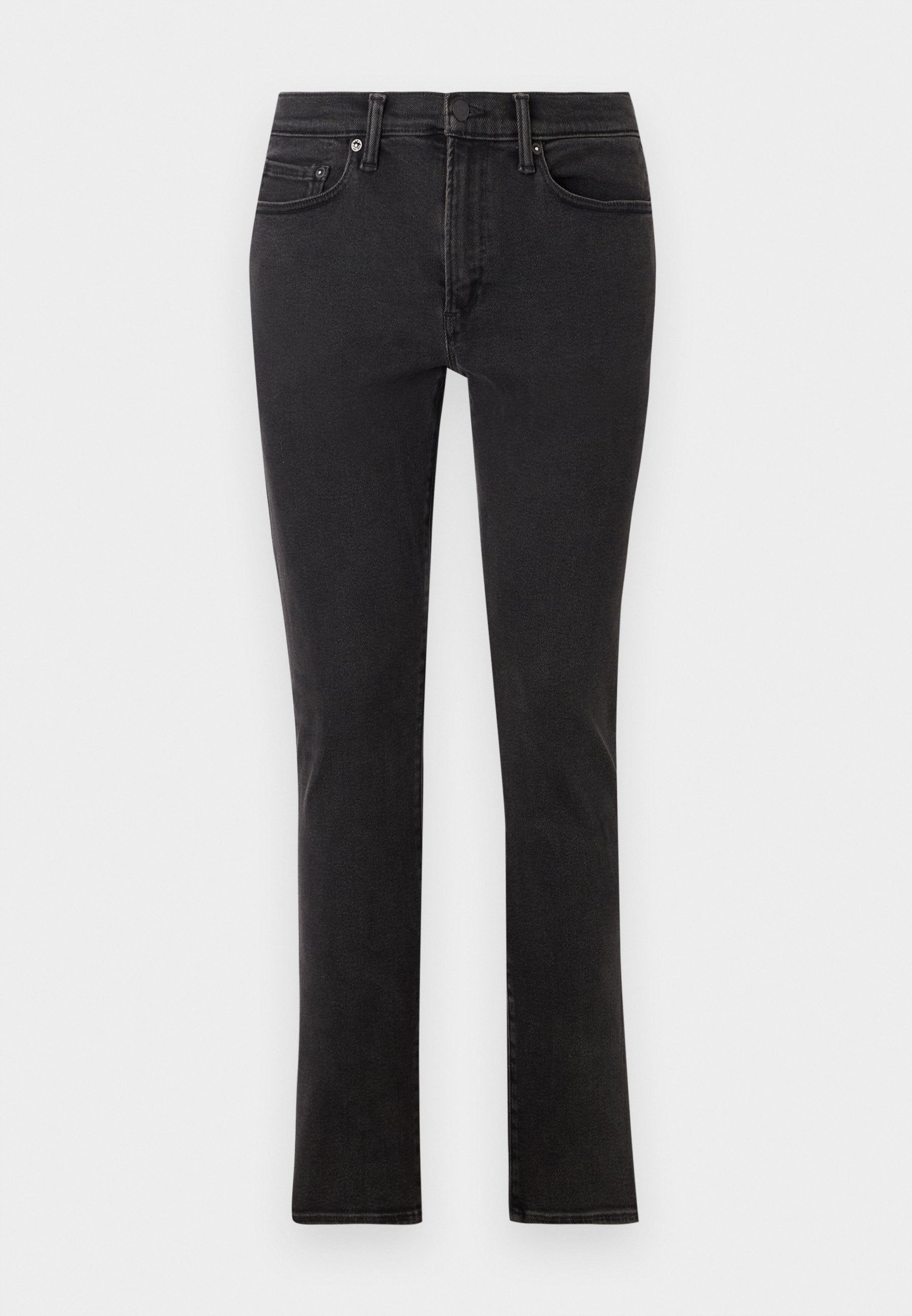 Schwarze Jeans aus Denim im Slim-Fit-Schnitt. Verfügt über fünf Taschen, Gürtelschlaufen und einen Frontreißverschluss mit Knopfverschluss. Glatte Textur.