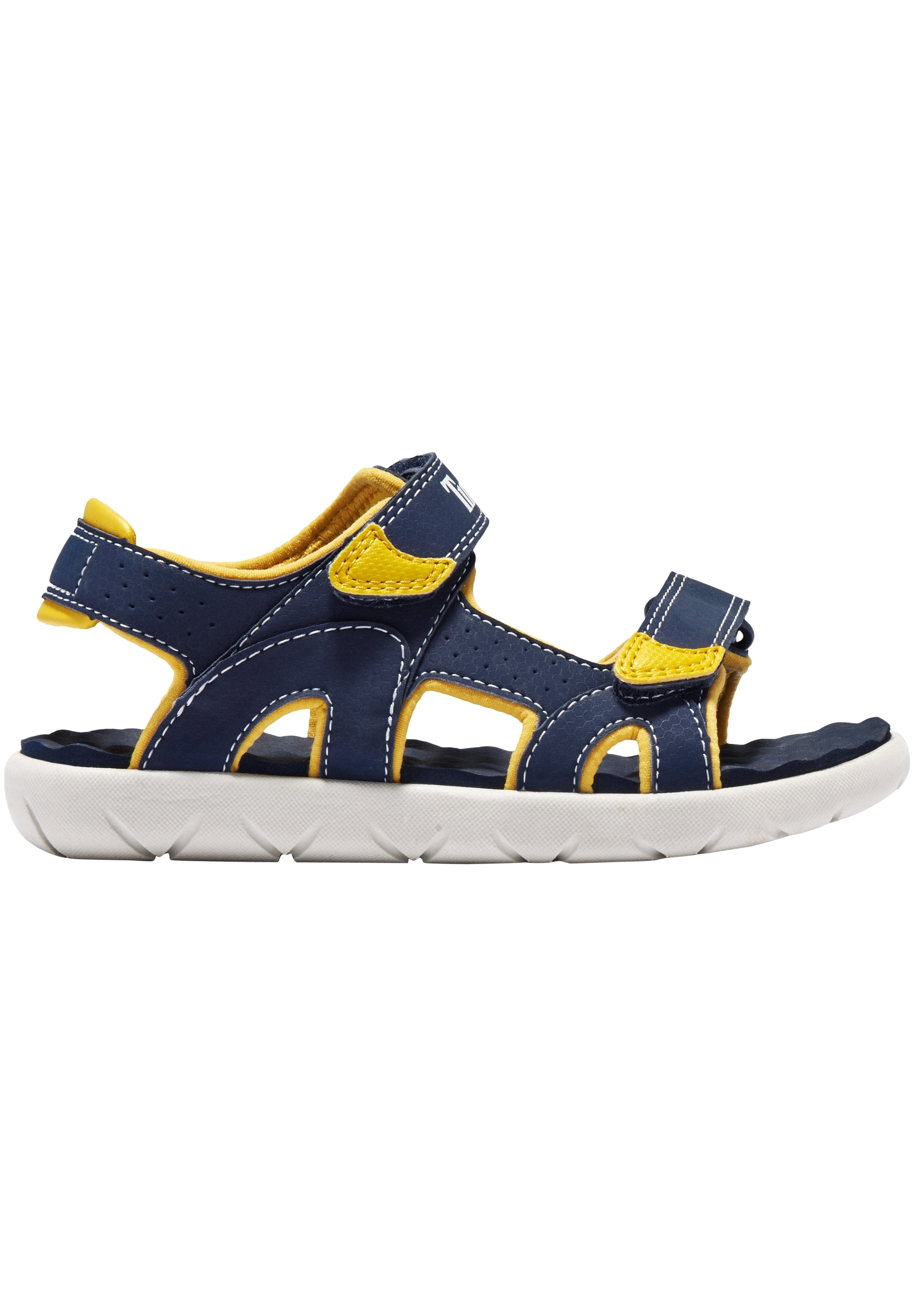 Navyblaue Sandale mit gelben Akzenten, aus synthetischem Material. Verfügt über verstellbare Klettverschlüsse und eine weiße Gummisohle mit strukturiertem Grip.