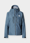 Blaue wasserdichte Kapuzenjacke mit Frontreißverschluss, Brusttaschen mit Reißverschluss, Klettverschlüssen an den Handgelenken und weißem "The North Face"-Logo auf der Brust.