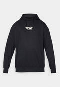 Schwarzer Hoodie aus Baumwollmischung mit einer Fronttasche, Kordelzugkapuze und weißem "FWT"-Logo auf der Brust. Eines glatte Textur.