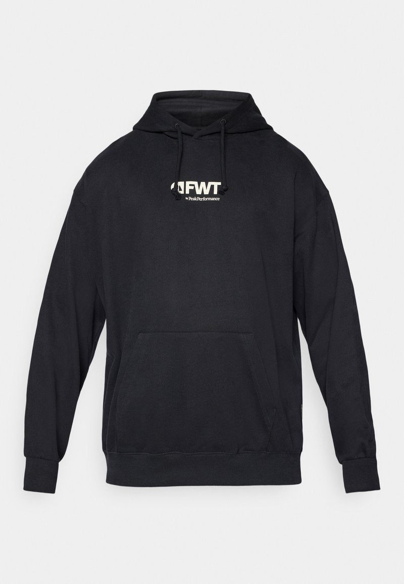 Schwarzer Hoodie aus Baumwollmischung mit einer Fronttasche, Kordelzugkapuze und weißem "FWT"-Logo auf der Brust. Eines glatte Textur.