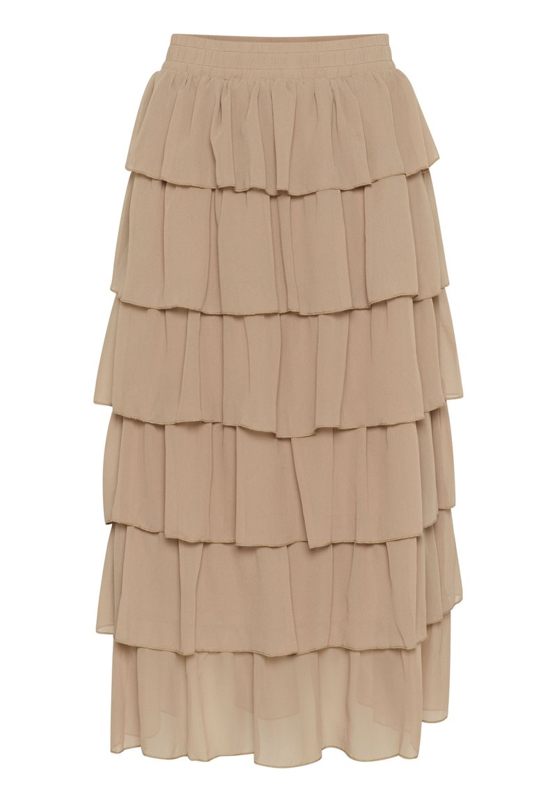 Beiger, gestufter Rock aus leichtem Chiffon. Verfügt über mehrere Rüschen, einen elastischen Bund und ein fließendes Design für optimale Bewegungsfreiheit.