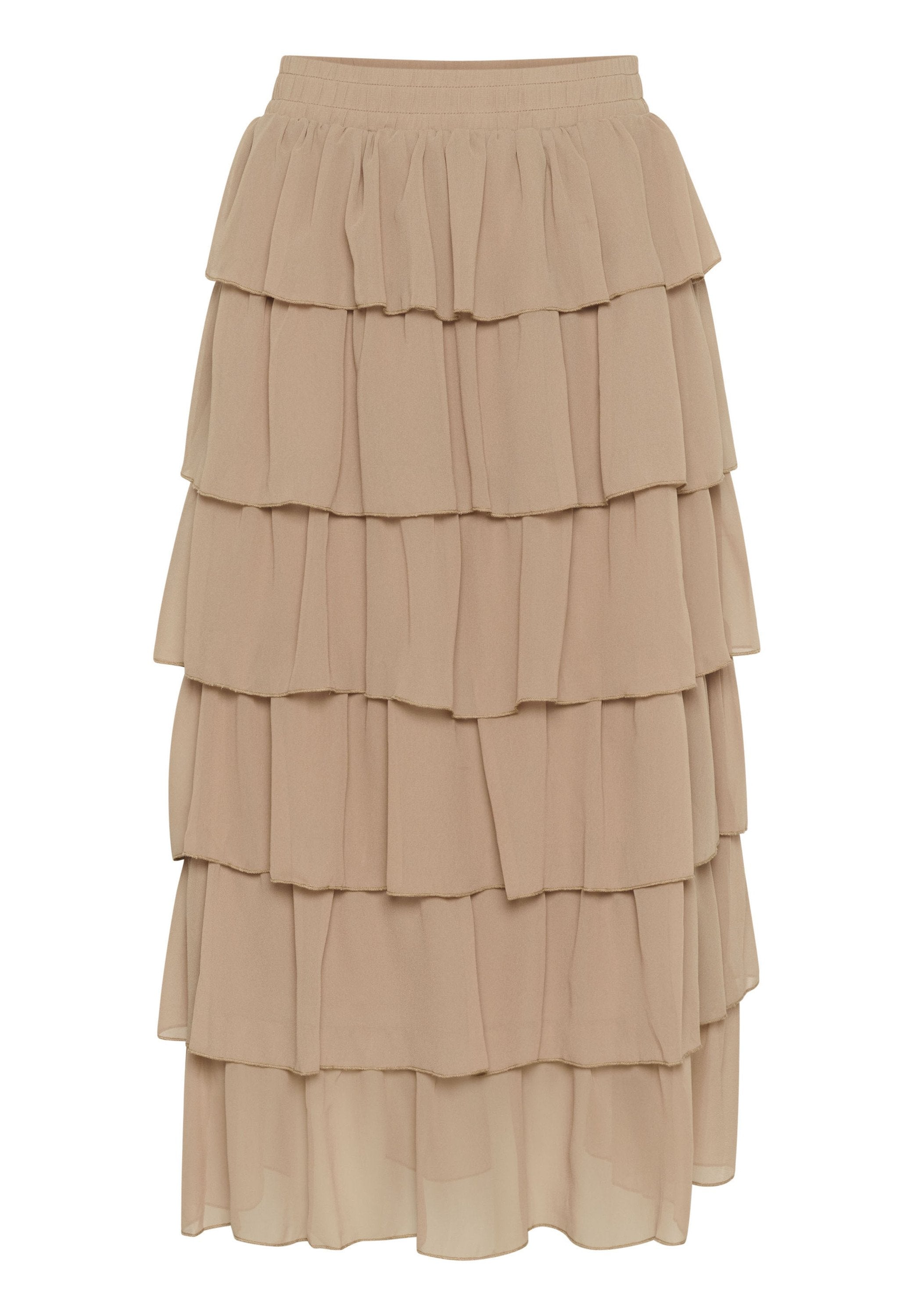 Beiger, gestufter Rock aus leichtem Chiffon. Verfügt über mehrere Rüschen, einen elastischen Bund und ein fließendes Design für optimale Bewegungsfreiheit.