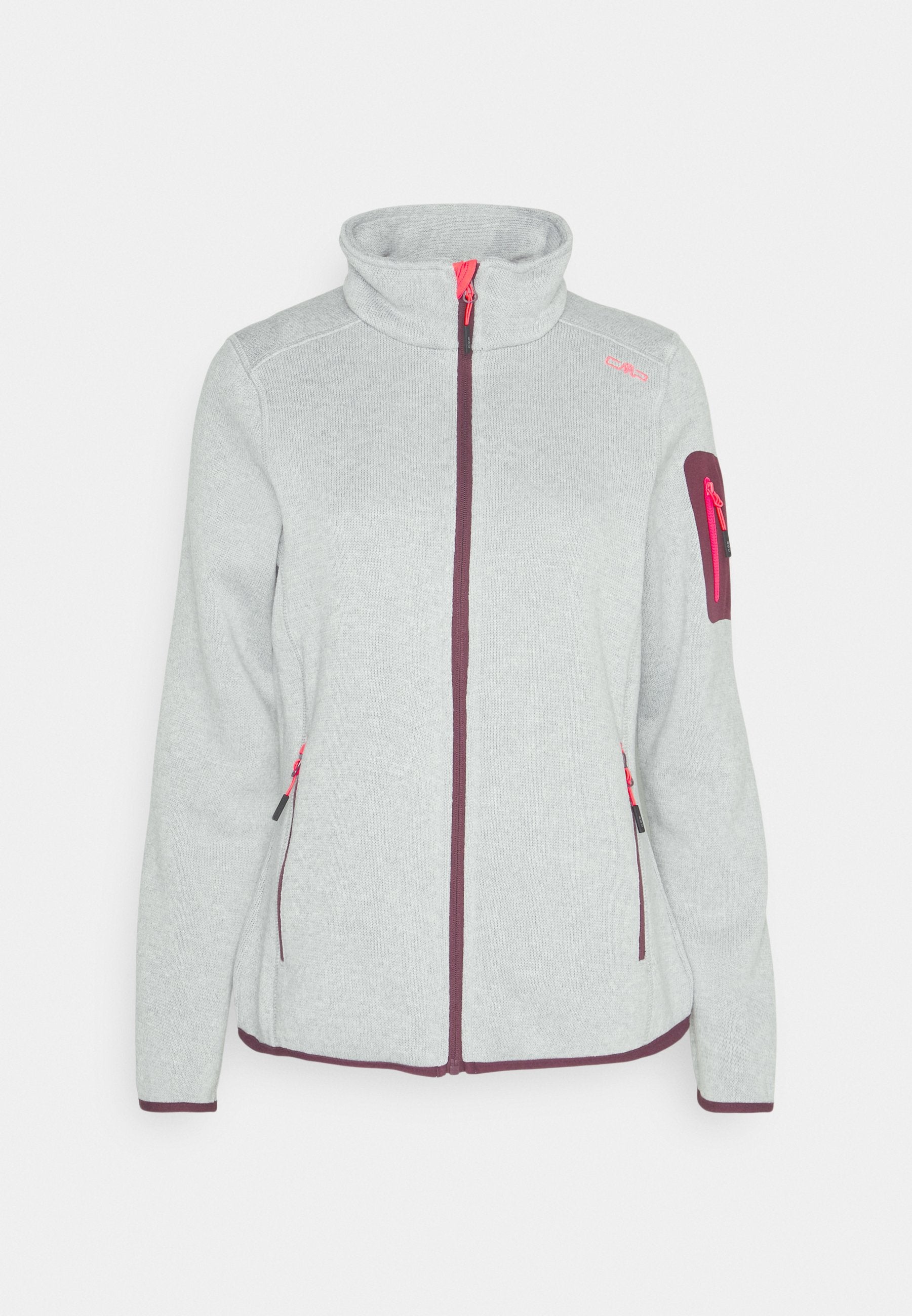 Graue Fleecejacke mit hohem Kragen, kontrastierenden rosa Reißverschlüssen und zwei Seitentaschen. Besitzt eine Armtasche mit einem Reißverschluss.