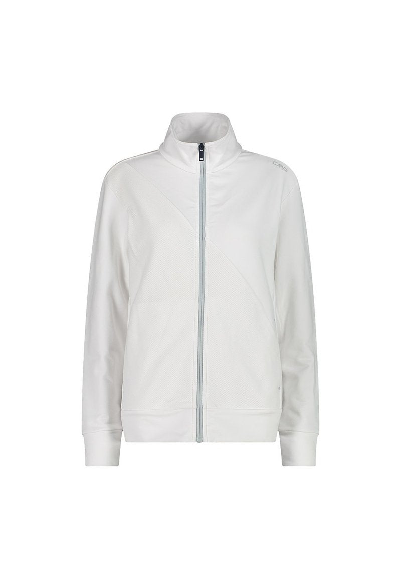Weißer Sportjacke mit hoch geschlossenem Kragen, durchgehendem Reißverschluss und diagonalem Paneeldesign. Verfügt über eine Netzstruktur auf einer Seite und gerippte Bündchen.