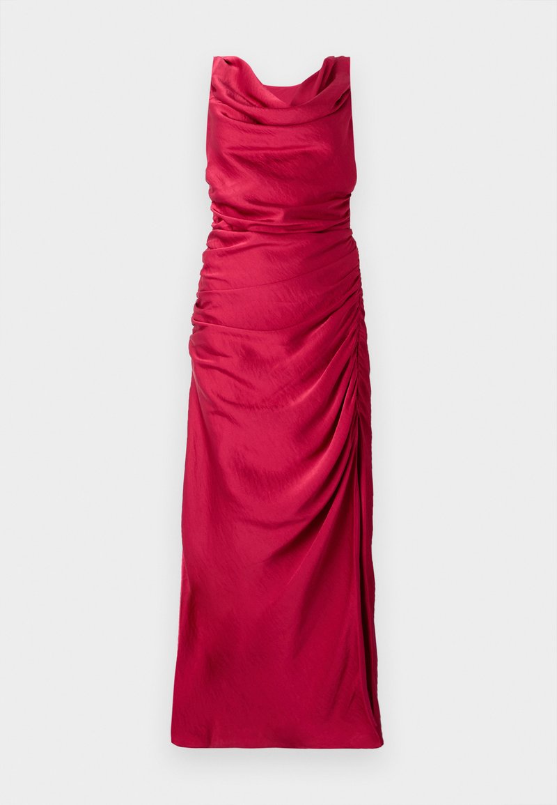 Cowl-Neck, bodenlanges Kleid aus leuchtend rotem Stoff. Verfügt über geraffte Seitendetails, die einen strukturierten Look erzeugen. Glattes, leichtes Material.