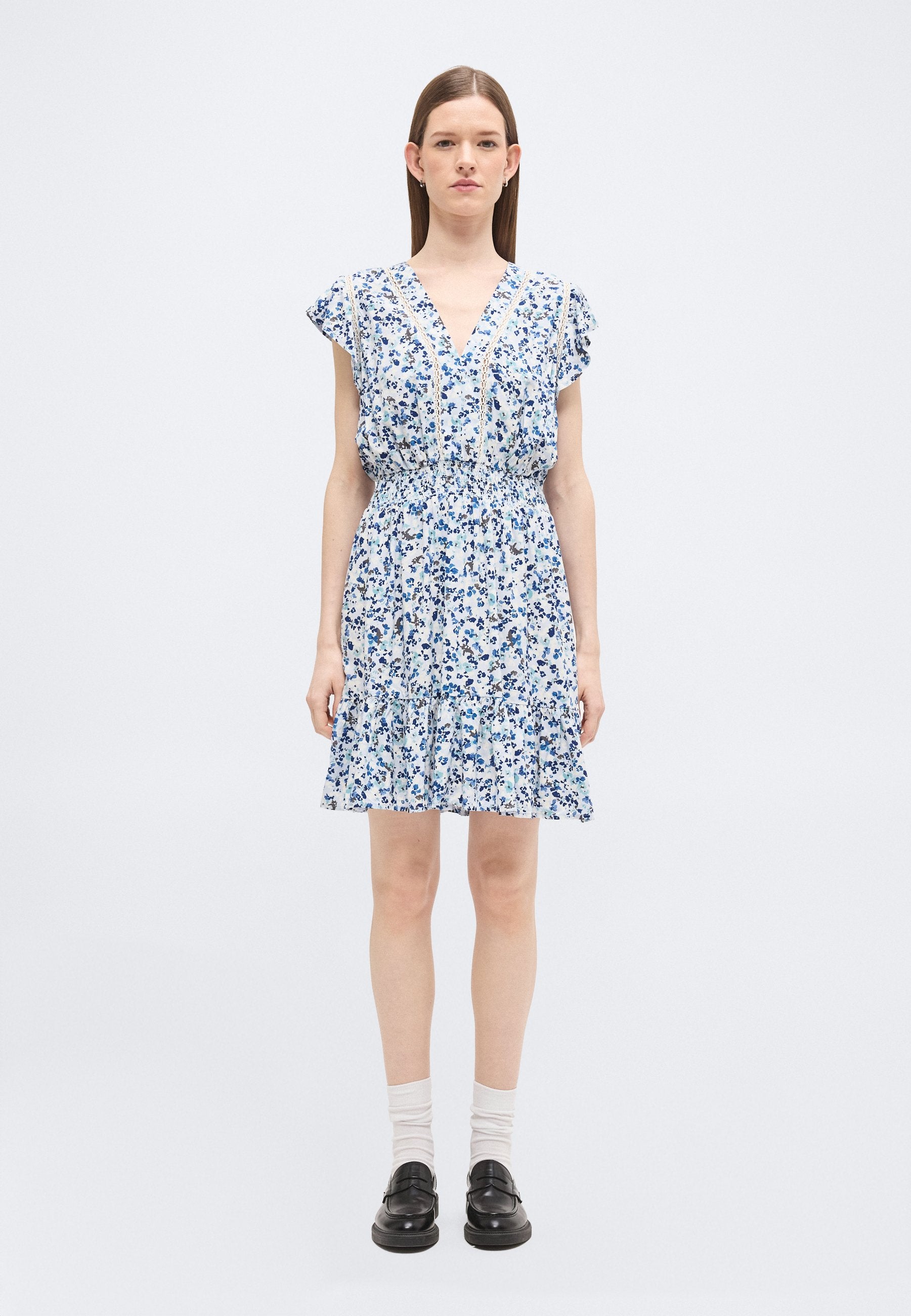 DKNY FLUTTER SLEEVE SMOCKED WAIST V NECK DRESS INSETS