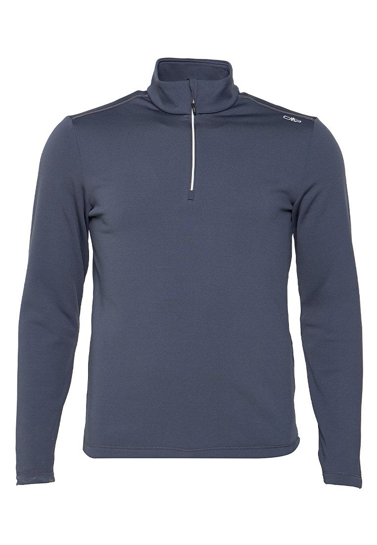 Marineblauer Langarm-Pullover aus glattem Stoff, mit halbem Reißverschlusskragen und dezenten Nahtdetails an den Schultern.