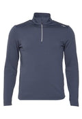 Marineblauer Langarm-Pullover aus glattem Stoff, mit halbem Reißverschlusskragen und dezenten Nahtdetails an den Schultern.