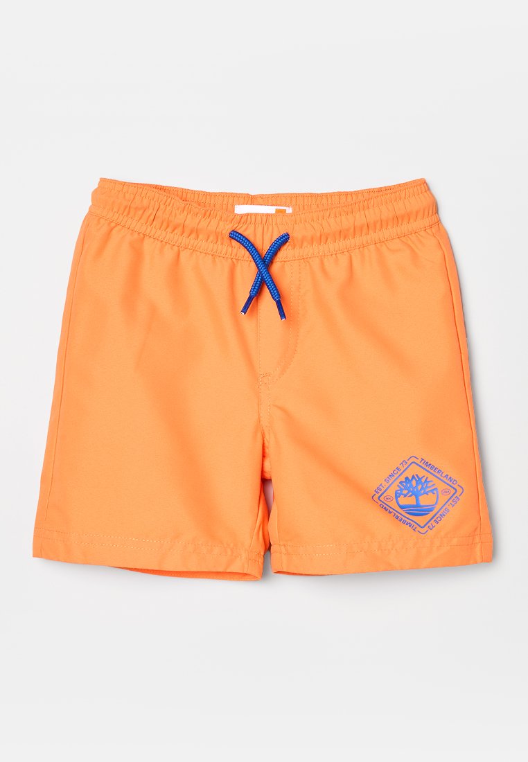 Orange Badehose mit elastischem Bund, blauem Kordelzug und blauem Timberland-Logo am linken Bein.