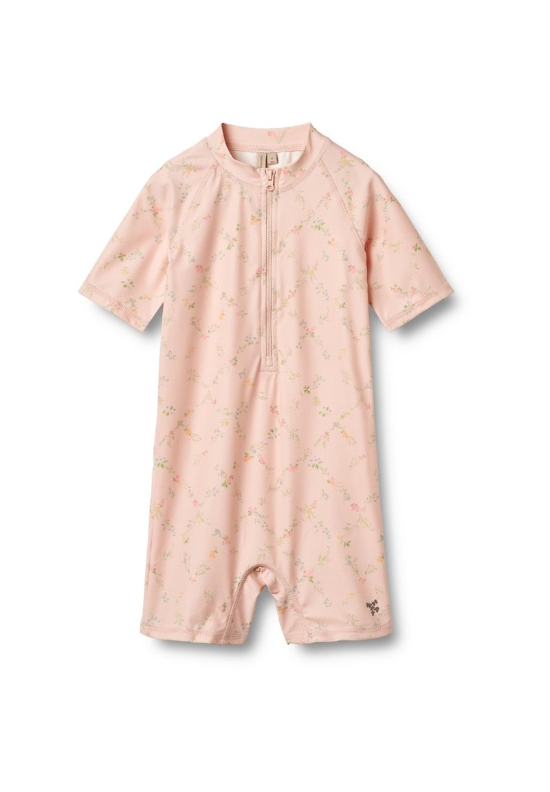 Kurzarmpullover in Rosa aus elastischem Stoff, mit floralem Muster, Frontreißverschluss und elastischem Saum für ein einfaches An- und Ausziehen.