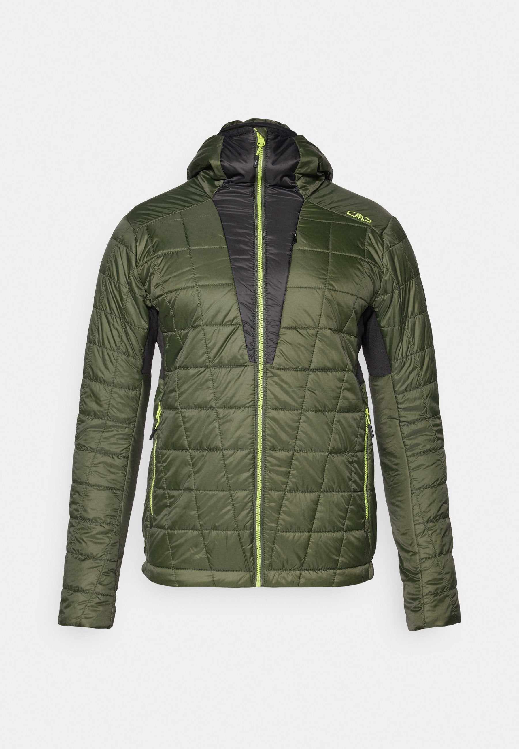 Grüne gesteppte Jacke mit einem schwarzen Einsatz, Reißverschluss vorne und verstellbarem Kapuze. Strukturiertes Material und kontrastierender Reißverschluss in lebhaftem Grün.