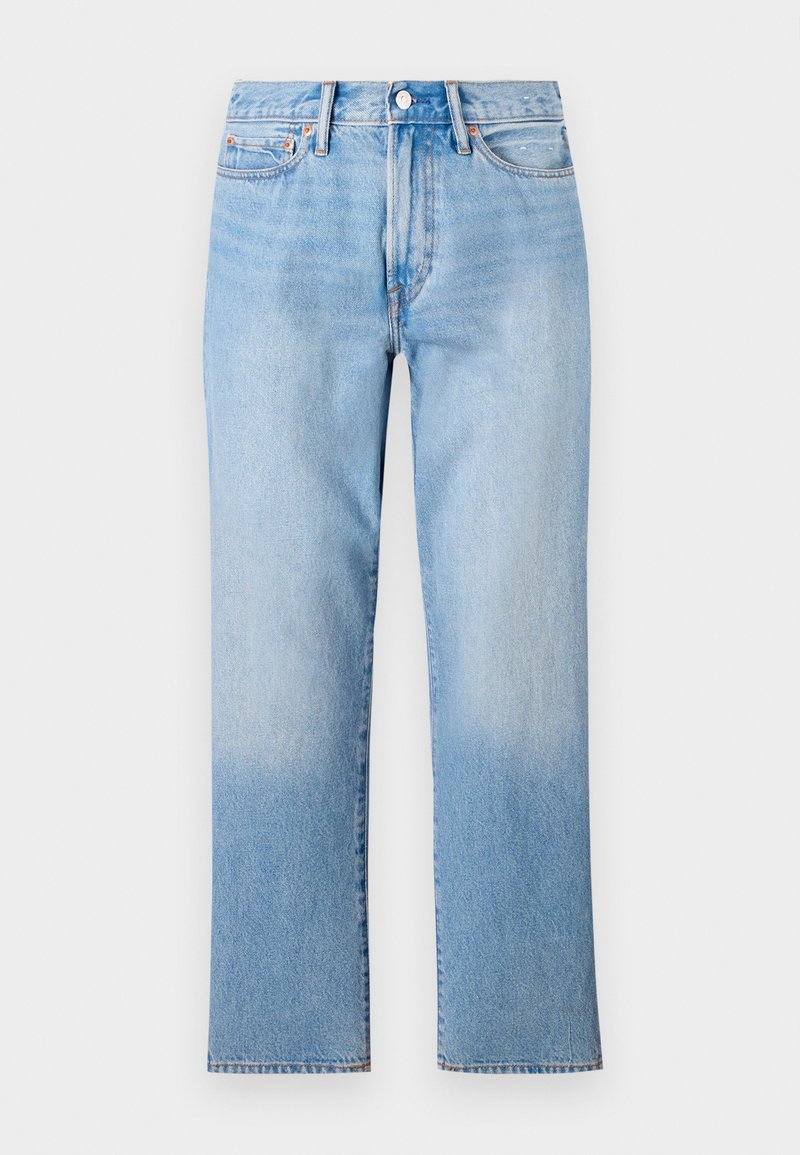 Hellblaues Denim-Jeans mit geradem Bein, versehen mit einer ausgewaschenen Optik, standardmäßigen fünf Taschen und einem klassischen Knopfverschluss.