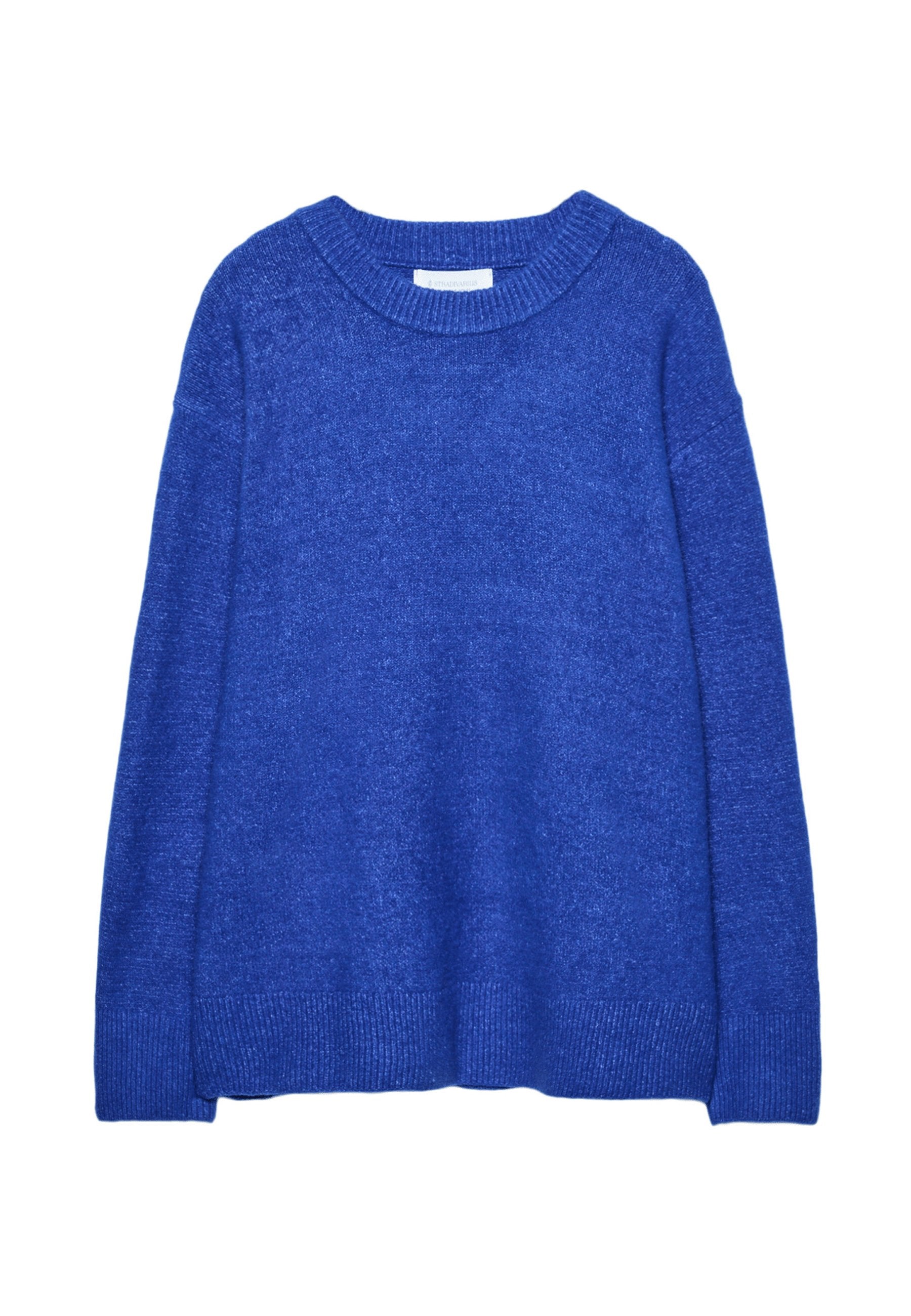 Königsblauer Strickpullover mit rundem Ausschnitt, gerippten Bündchen und Saum, weicher Textur und lockerem Sitz.